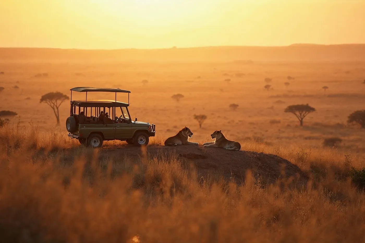 A lone safari vehicle on a ridge in a private Kenyan conservancy at dusk with resting lions and empty plains, illustrating exclusive uncrowded game viewing