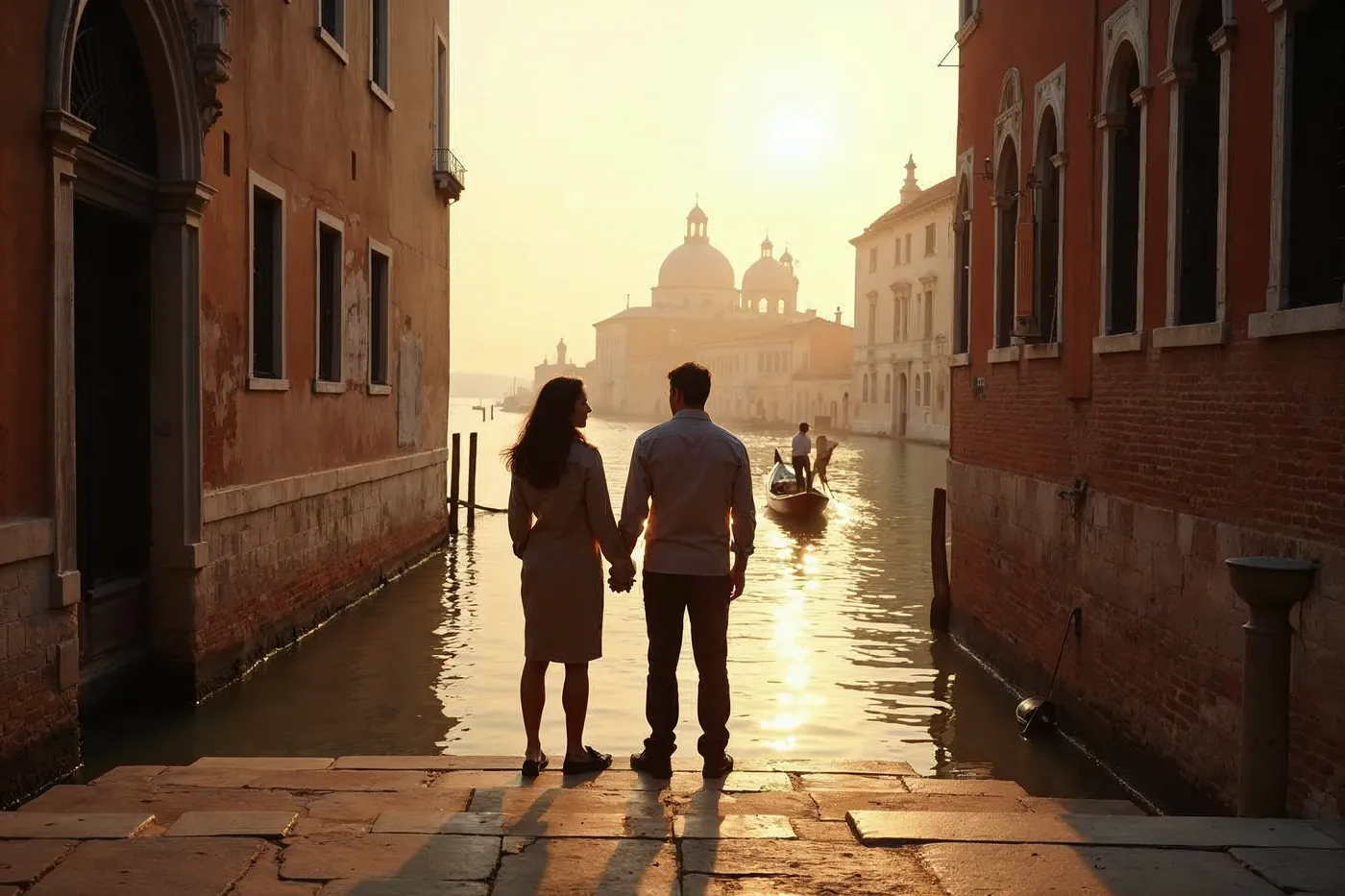 A couple in silhouette at dawn on the stone steps of a Venetian palazzo overlooking the Grand Canal
