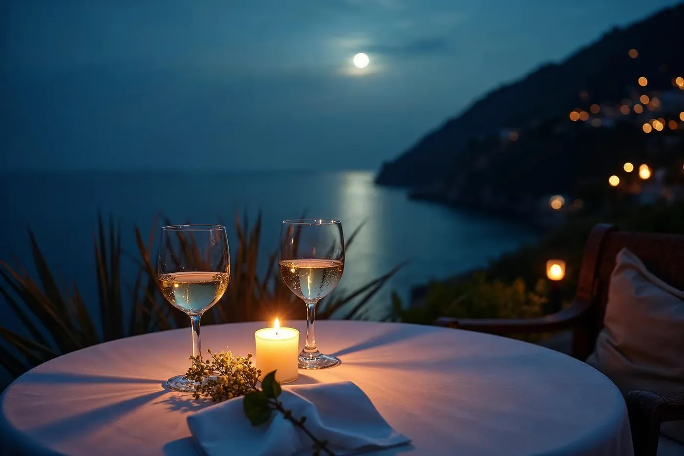 A candlelit private dinner table for two on a moonlit terrace above the Amalfi coast