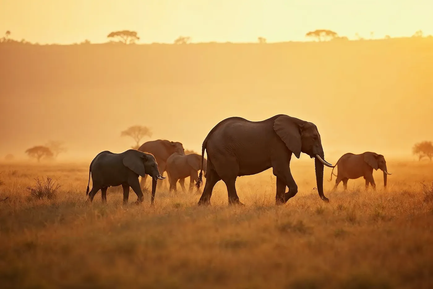 Elephant herd with a calf crossing the golden Maasai Mara grasslands at late afternoon
