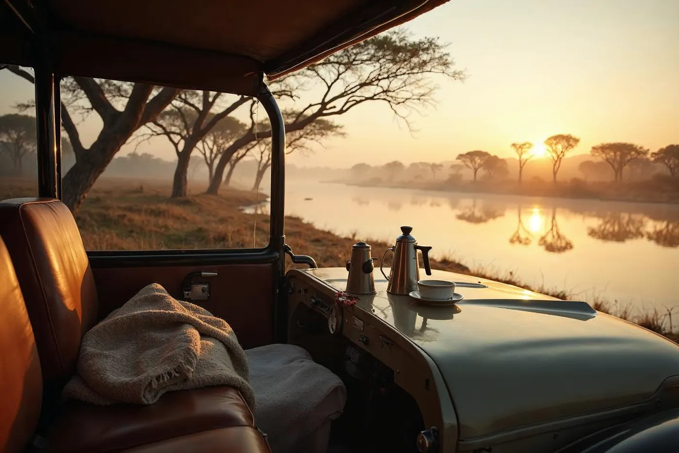 Open-sided private safari vehicle parked at a misty Serengeti riverbed at dawn