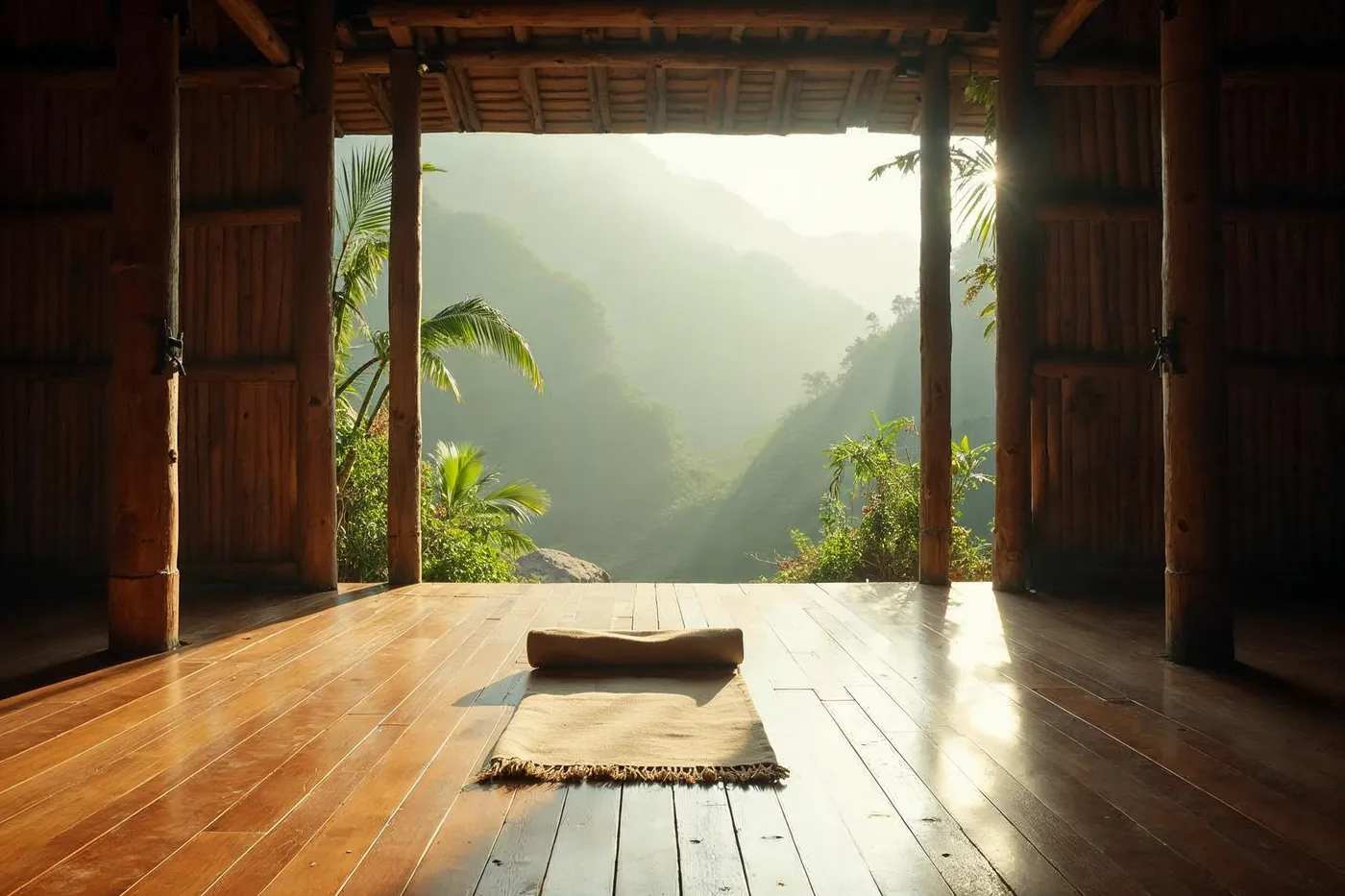 Empty open-air bamboo yoga shala at dawn in the Bali highlands, mist drifting over terraced jungle