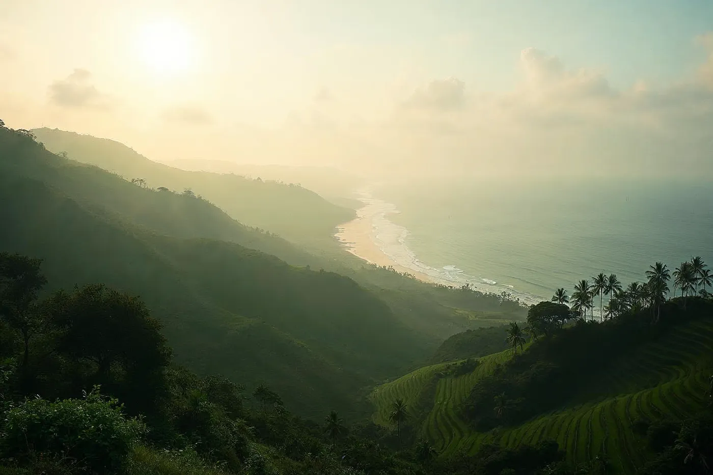 View from an Ubud ridge across emerald rice terraces toward the distant Bali coastline at golden hour