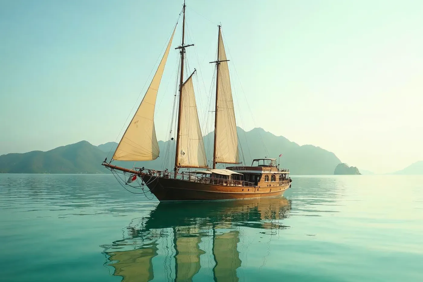 A traditional wooden phinisi yacht anchored at dawn in calm turquoise water off Komodo, its tall masts reflected on the glassy surface