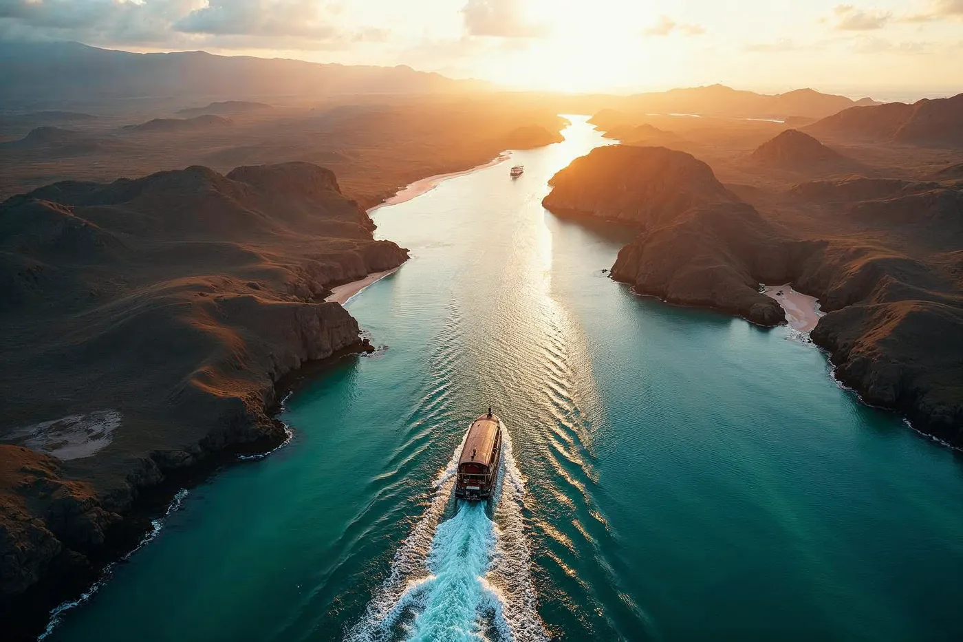 View from a phinisi's bow sailing between the rugged volcanic islands of Komodo National Park at golden hour, with a hidden cove ahead