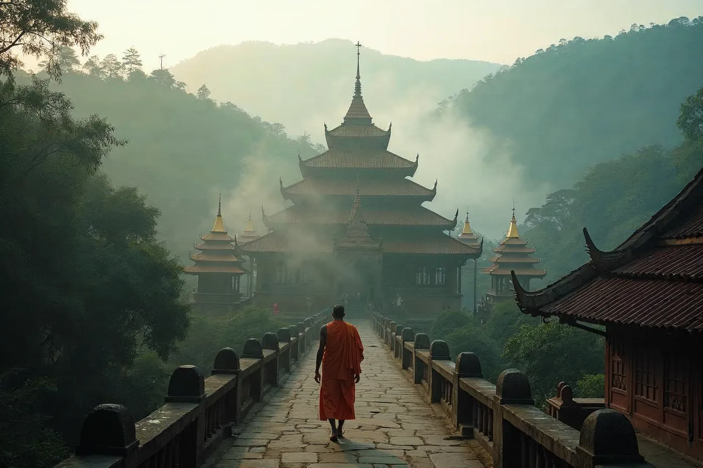 Dawn mist over the golden spires of an ancient Lanna temple framed by jungle hills in Chiang Mai, northern Thailand