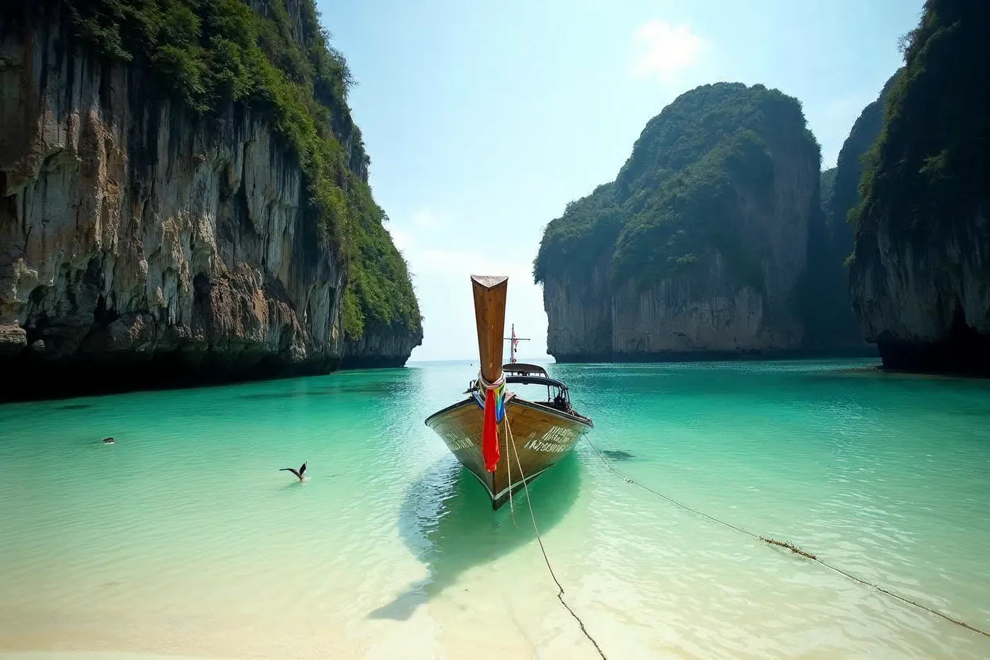 A wooden longtail boat moored in turquoise water below limestone karst cliffs in the Andaman Sea near Krabi, southern Thailand