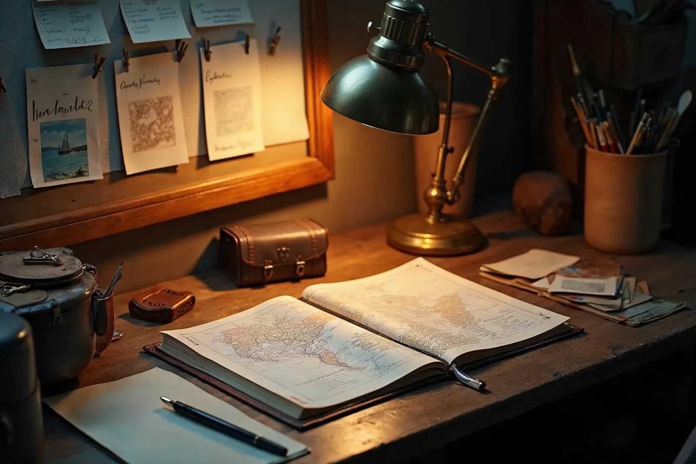 A craftsman's workbench with travel journal, maps and pinned itinerary cards in warm lamplight
