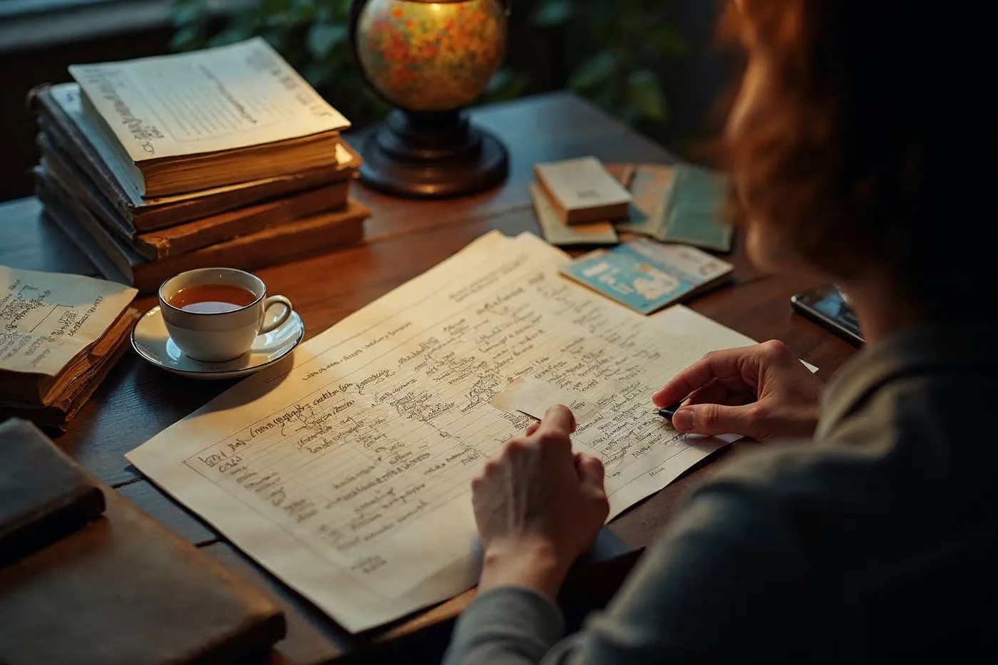 A single planner from behind composing a bespoke itinerary surrounded by tickets, books and a globe